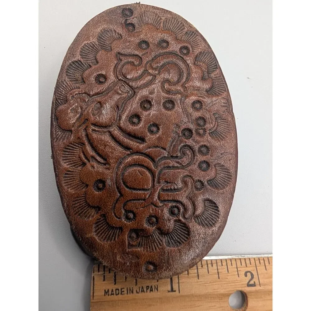 Vintage Embossed Floral Leather Belt Buckle Western Boho Rustic Brown 